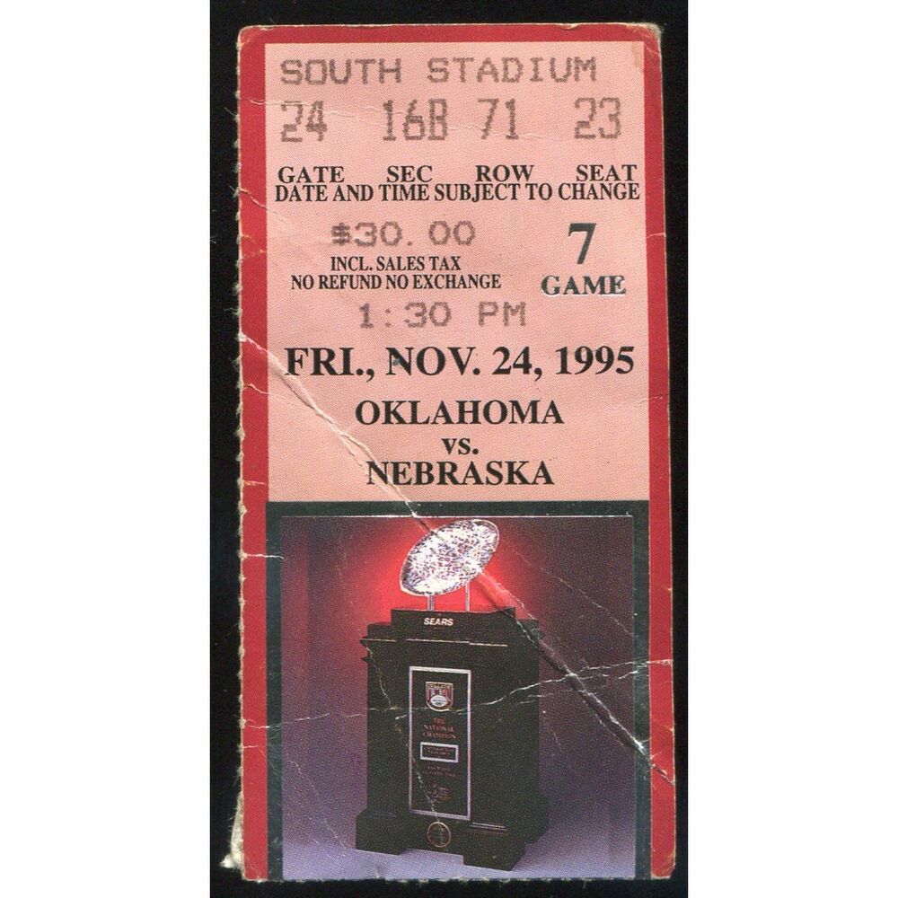Vintage 1995 Nebraska Cornhuskers Oklahoma Sooners NCAA Football Ticket Stub